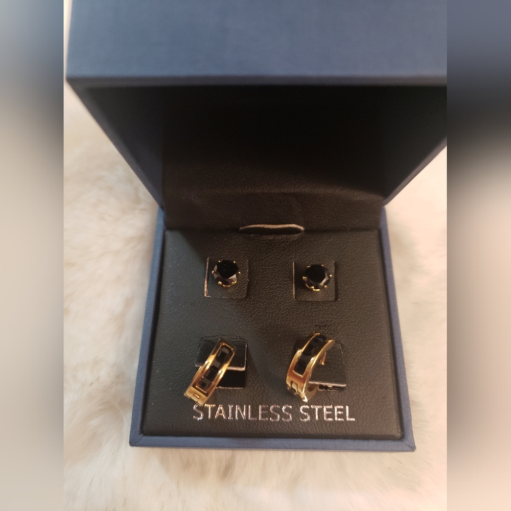 Anthony Jacobs Gold and Black Stainless Steel Men's Earrings Set